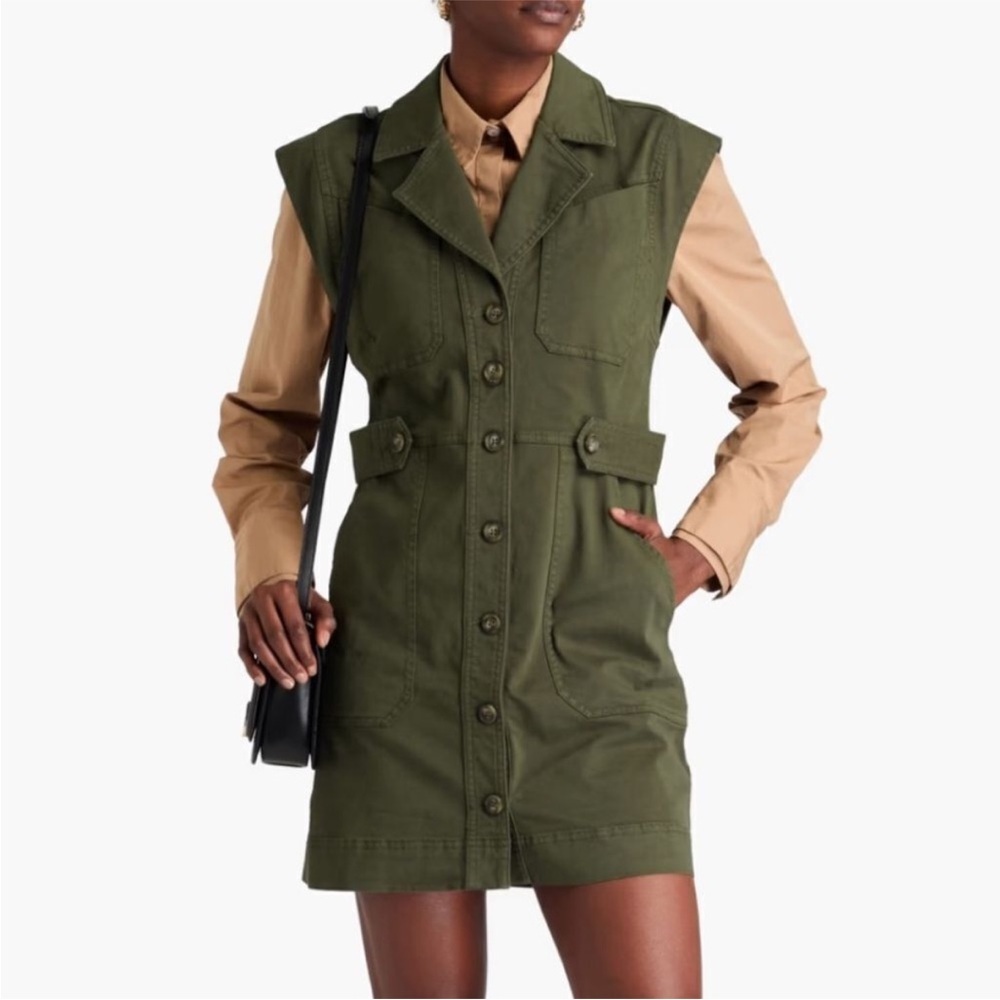 Veronica Beard Jax Dress Army Green Shirtdress Cap Sleeve Mini Cargo Sz 8 - Picture 2 of 16